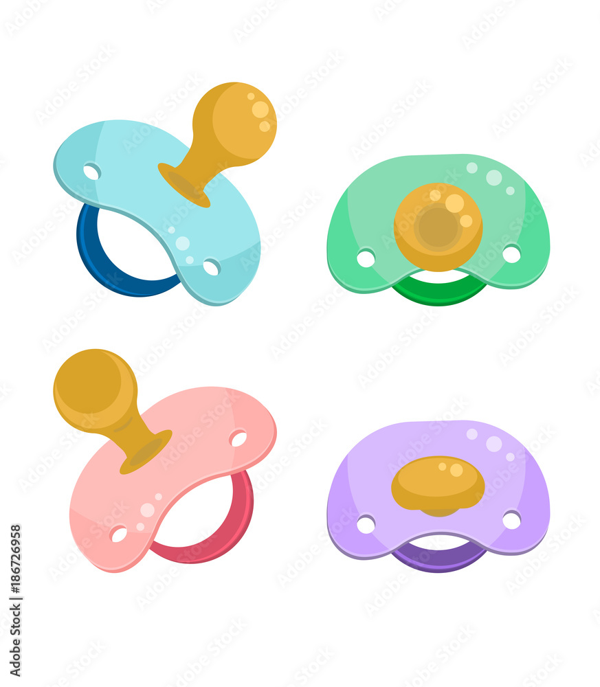 Set of baby pacifiers on white background. Vector illustration. Set of baby pacifiers on white background. Vector illustration.