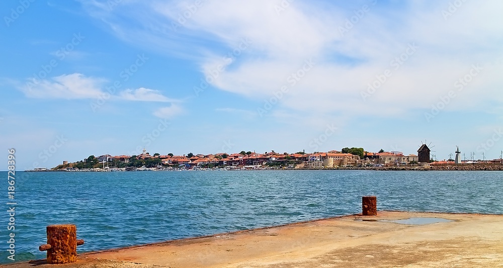 View from the pier in the Black Sea to the Old Town of Nessebar.