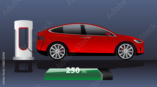 Modern electric car charging at the charger station with indicator of power reserve. Vector illustration EPS 10