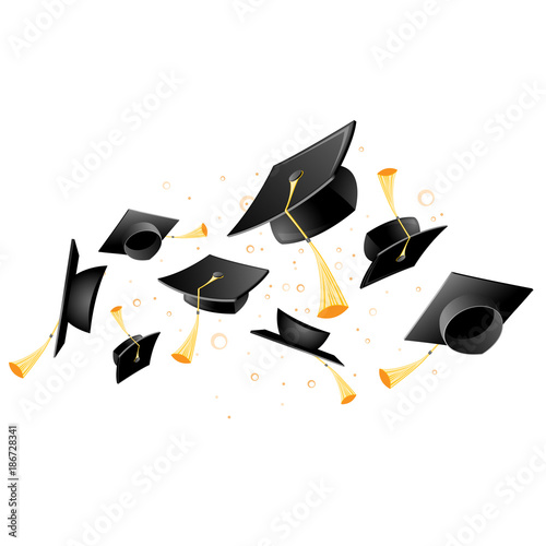 Flying academic mortarboard - graduation, throw of student hats photo