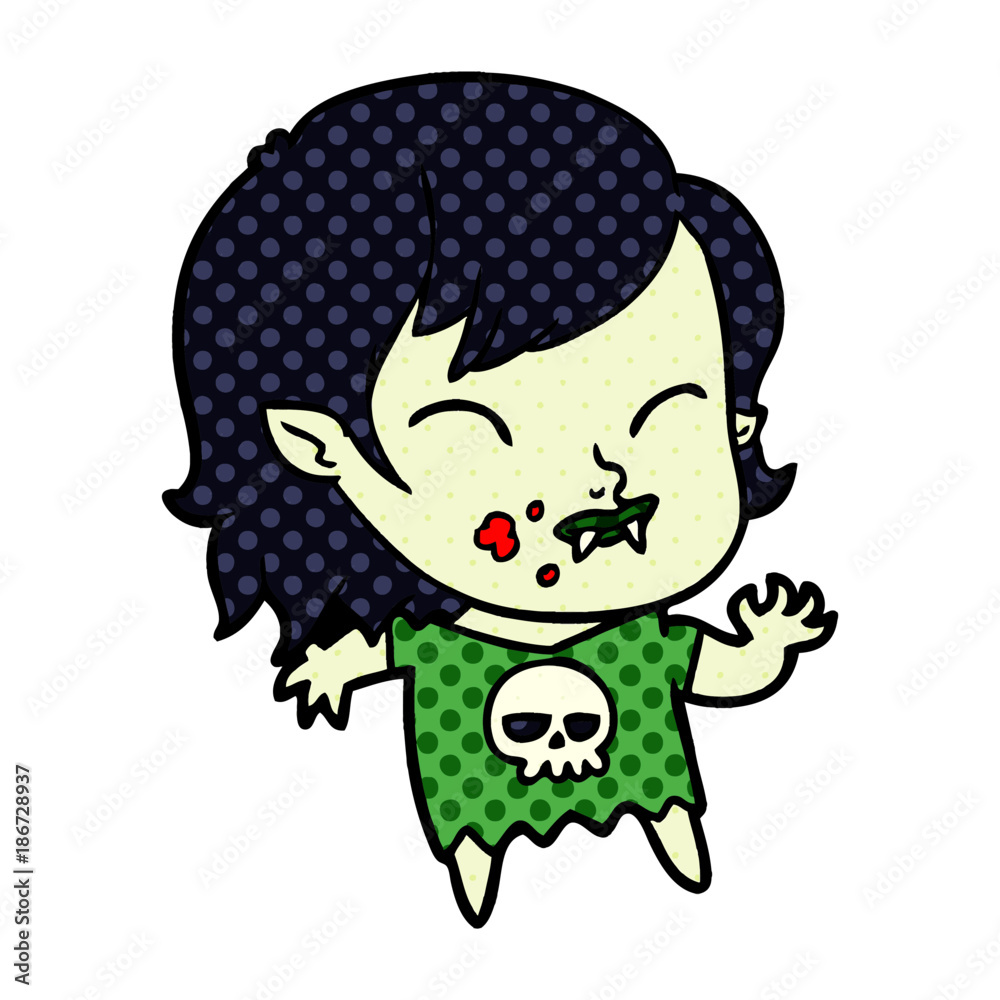 cartoon vampire girl with blood on cheek