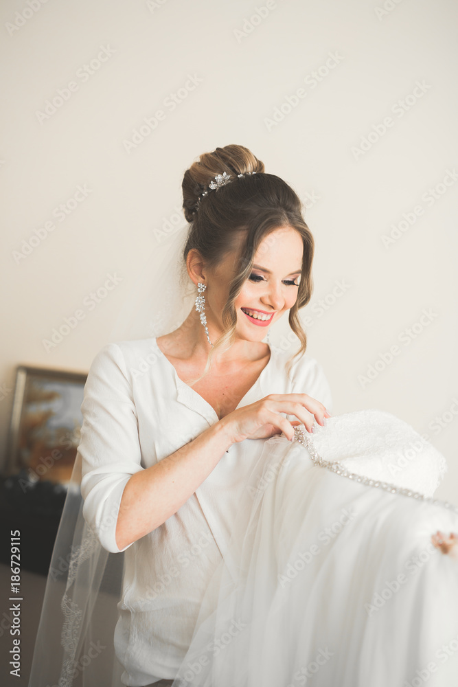 Gorgeous bride in robe posing and preparing for the wedding ceremony face in a room Gorgeous bride in robe posing and preparing for the wedding ceremony face in a room