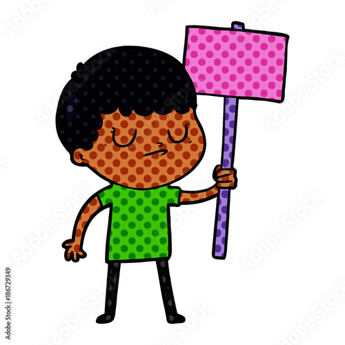 cartoon grumpy boy with placard