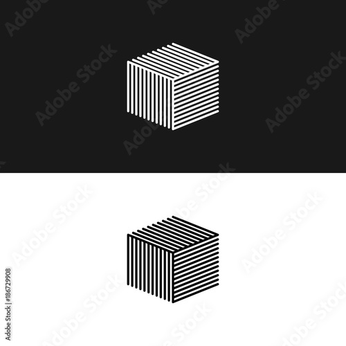 Linear cube logo 3D isometric architecture box maze structure, interior building hipster minimal geometric shape design element