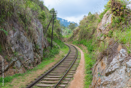 Rail track from the Main Line, a major railway line in the rail network of the country, in the highlands of Sri Lanka. Cross-country it is leading from Colombo to Badulla. The photo is close to Ella
