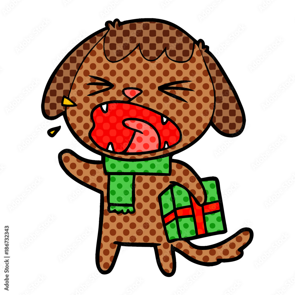 cute cartoon dog with christmas present cute cartoon dog with christmas present