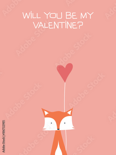 Valentine card vector template with cute, adorable fox holding heart. Romantic, delightful cartoon background.