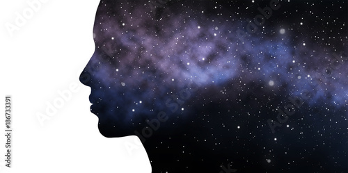 double exposure woman and galaxy photo