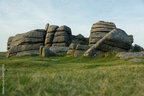 A rock formation atop a tor in Dartmoor, Devon, UK