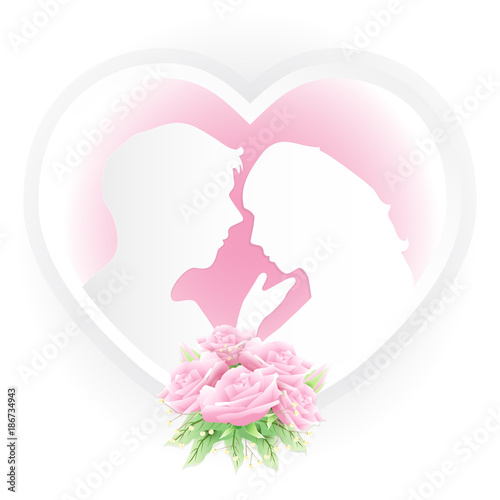 Couple in heart frame with pink roses bouquet paper art style