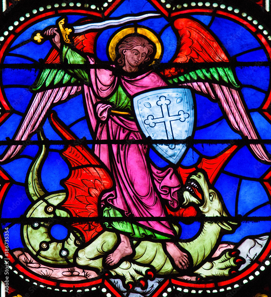Saint Michael Slaying Satan depicted as a Dragon - Stained Glass