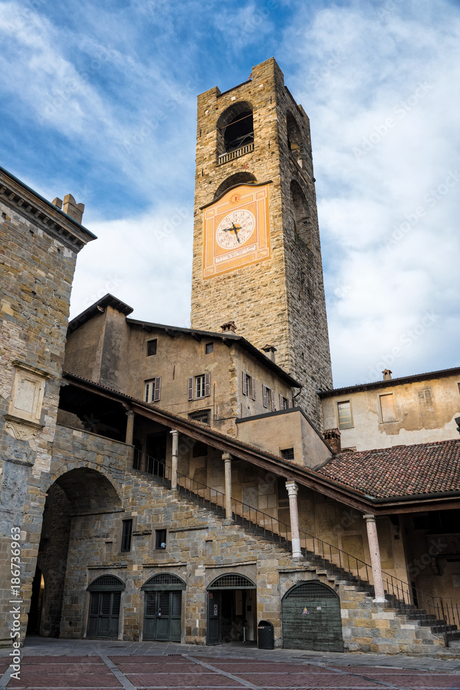 Clock tower in the Piazza Vecchio of the old town of Bergamo, Italy