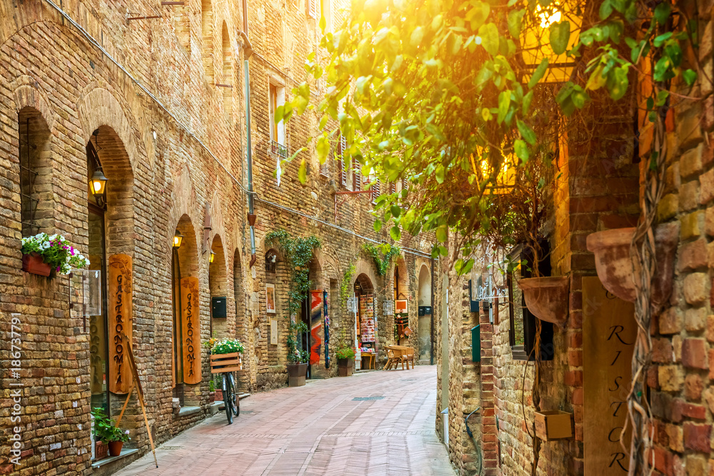 Fototapeta premium Aleja w starym miasteczku, San Gimignano, Tuscany, Włochy