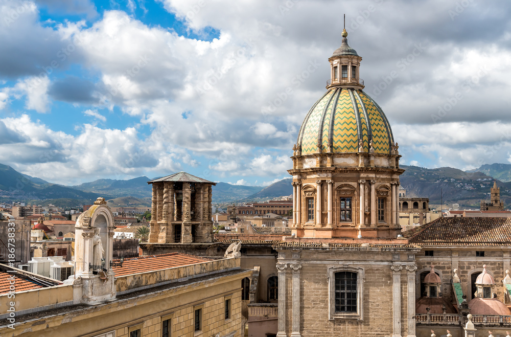 View of San Giuseppe dei Teatini church from roof of Santa Caterina church in Palermo, Sicily, Italy