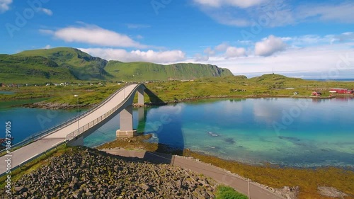 Gims¿ystraumen Bridge on Lofoten Island, pan right aerial photo