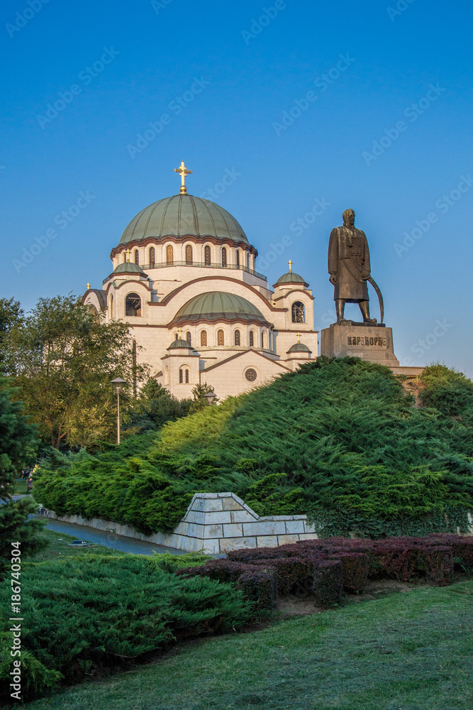 Belgrade, Serbia July 07, 2014: Church of Saint Sava & Monument to Karadjordje