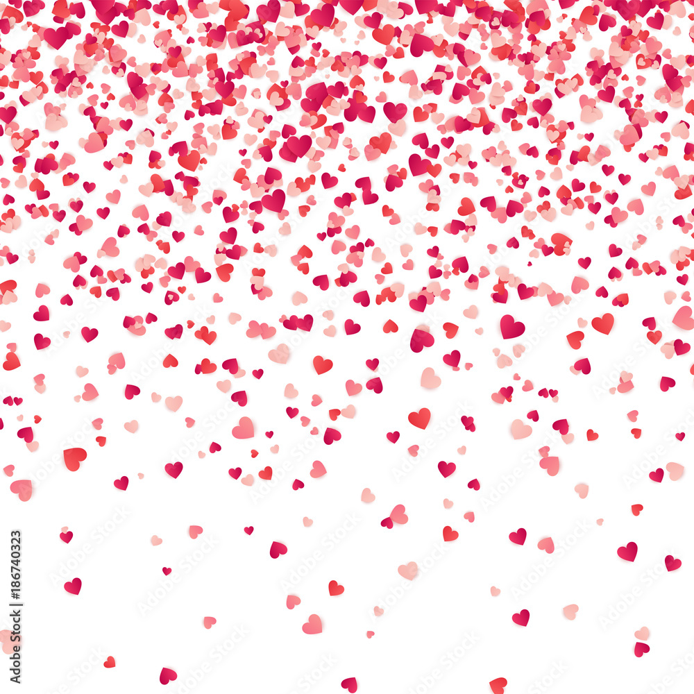 Heart confetti. Valentines, Womens, Mothers day background with falling red and pink paper hearts, petals. Greeting wedding card. February 14, love.White background.