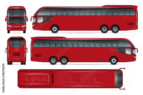 Red bus vector mock-up for advertising, corporate identity. Isolated template of coach on white background. Vehicle branding mockup. Easy to edit and recolor. View from side, front, back, top.