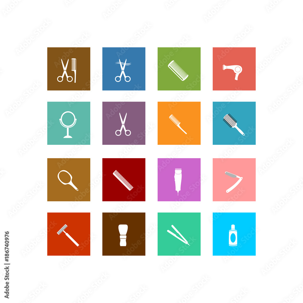 Barber beauty salon accessories. Flat set icon vector illustration.