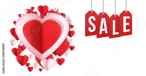 Sale text and Paper Valentines hearts in circle shape with text