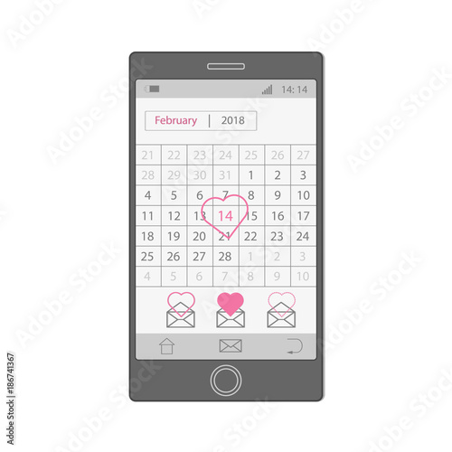 Mobile phone with calendar February 14 on a white background