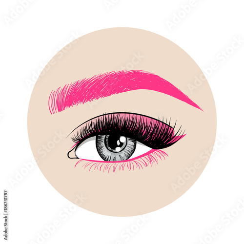 Beautiful woman eye with creative makeup. Pink eyebrow, long pink eyelashes and unusual makeup with pink shadows. Fashion eye on a beige circle. Makeup blank template vector illustration.