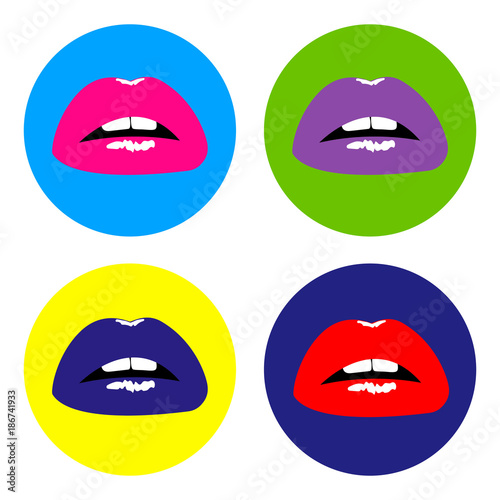 Set Open Sexy red, pink, blue, purple lips with teeth pop art in colored circles. Vector pop art fashion backgrounds