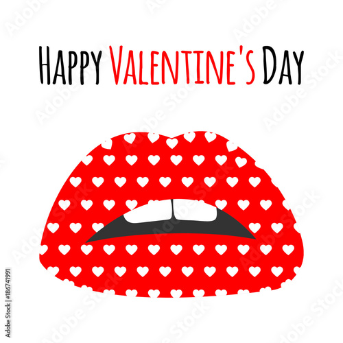 Red lips with pattern print of white hearts. Happy Valentine's Day lettering text card, background, banner. Red kiss cartoon lips icons for Valentines day. Valentine lips,heart, vector illustration photo