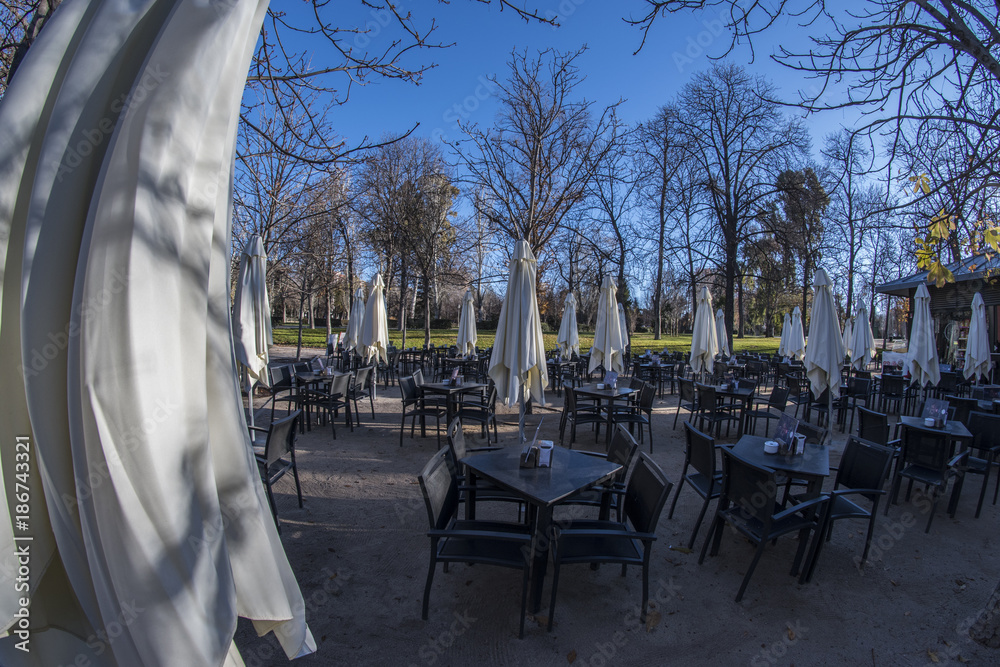 Fish eye 180 view of a cafeteria in the Retiro park in Madrid city