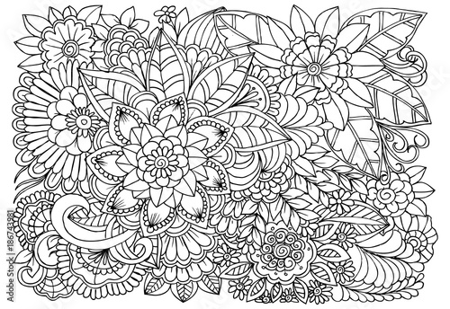 Black and white flower pattern for adult coloring book. Doodle floral drawing. Art therapy coloring page. Printable card