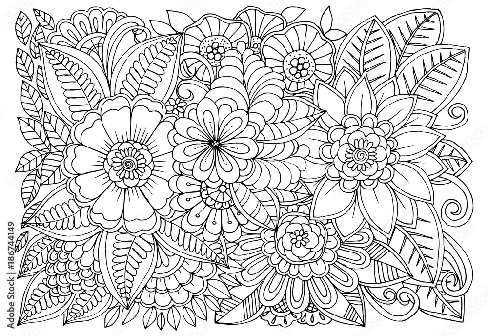 Black and white flower pattern for adult coloring book. Doodle floral ...