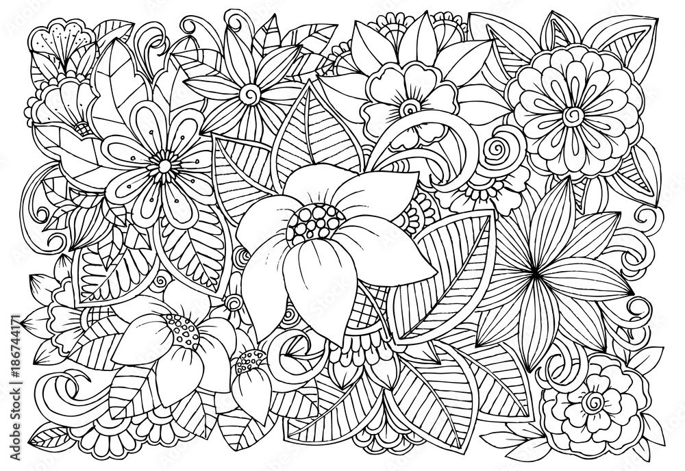 Obraz premium Black and white flower pattern for adult coloring book. Doodle floral drawing. Art therapy coloring page. Printable card