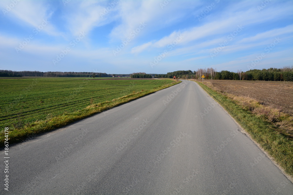 droga asfaltowa przez pola i lasy