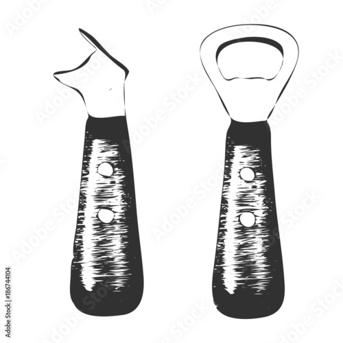 Bottle opener. Vector illustration set isolated on white background. Hand drawn kitchen tool illustration.