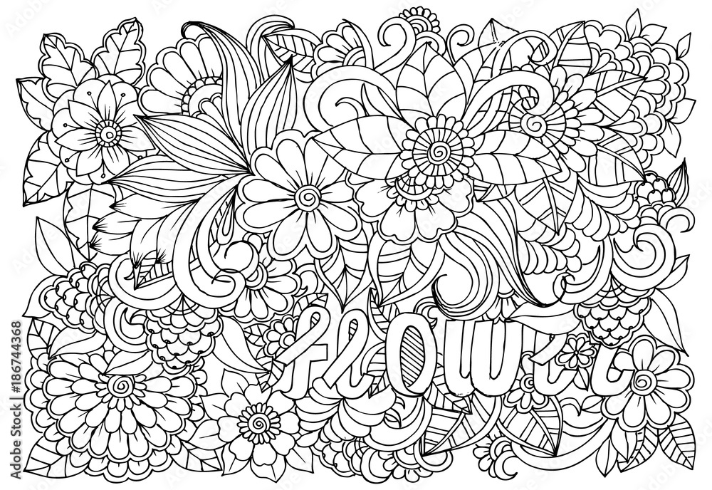 Black and white flower pattern for adult coloring book. Doodle floral