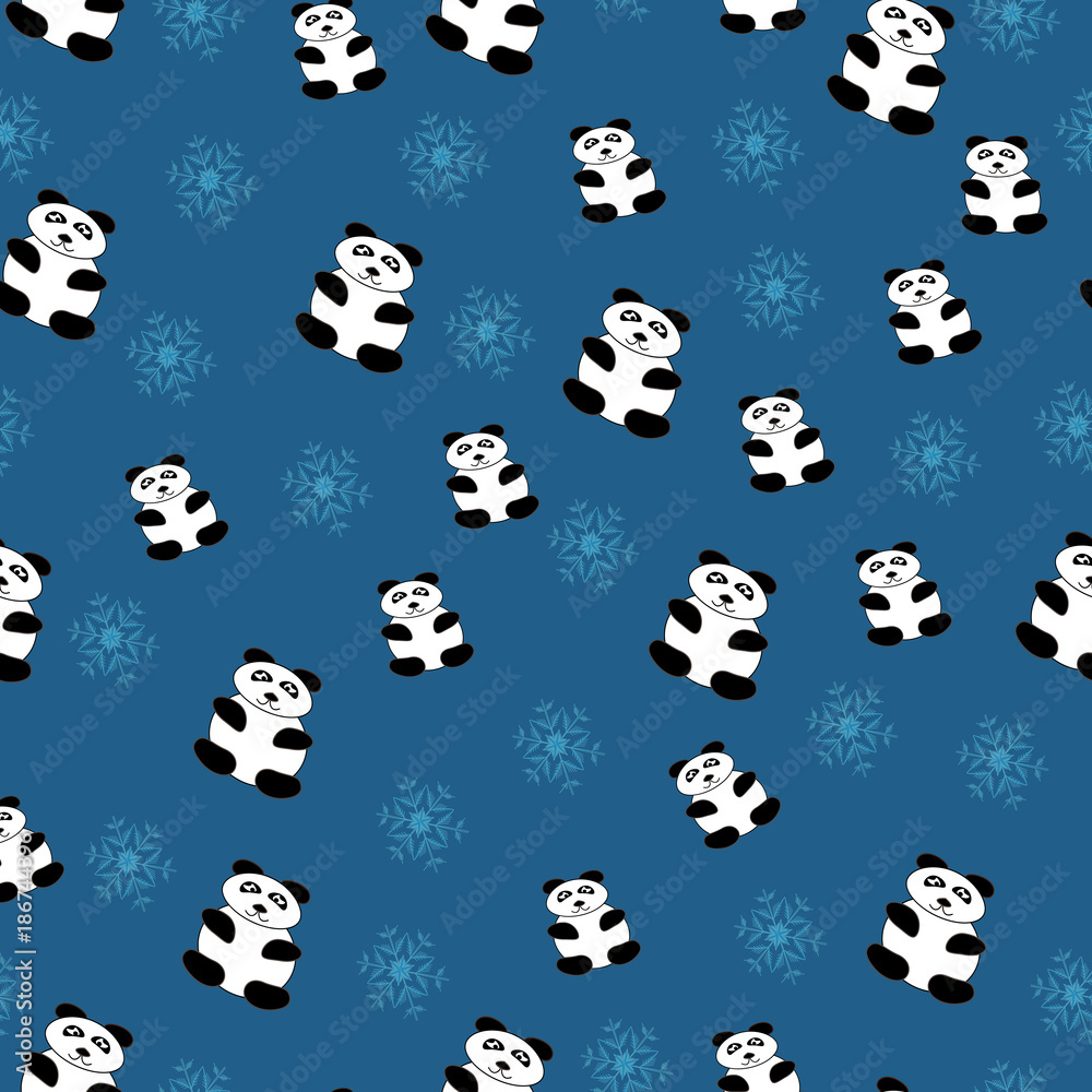 panda festive on blue background with snowflakes, new year background, seamless pattern with animals panda festive on blue background with snowflakes, new year background, seamless pattern with animals