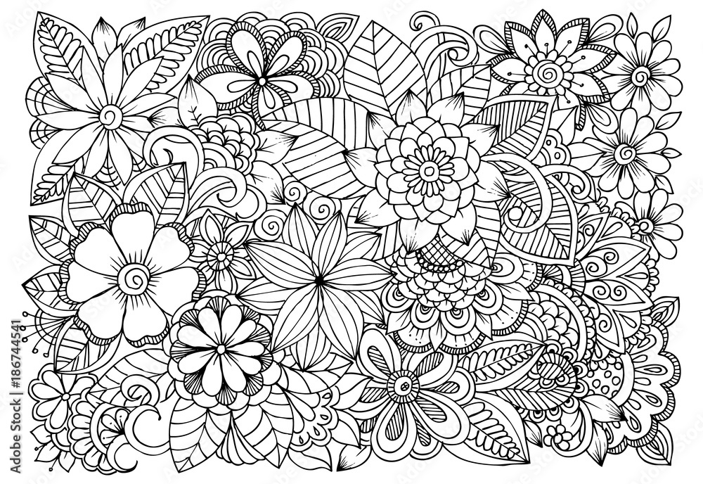 Fototapeta premium Doodle floral drawing. Art therapy coloring page.