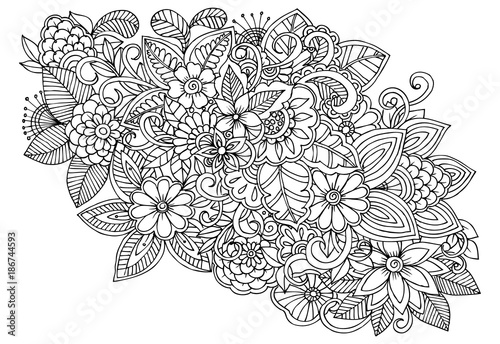 Doodle floral drawing. Art therapy coloring page.
