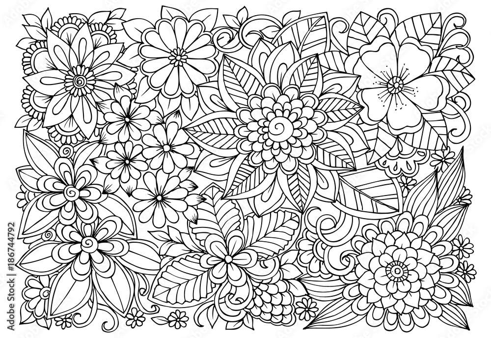 Black and white flower pattern for adult coloring book. Doodle