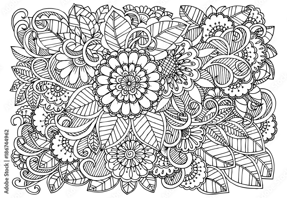 Obraz premium Black and white flower pattern for adult coloring book. Doodle floral drawing. Art therapy coloring page.