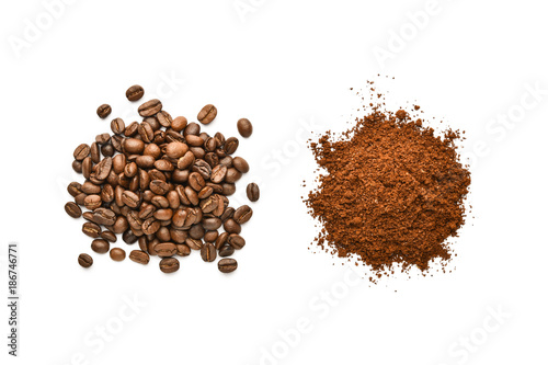 fresh and ground coffee beans on white background
