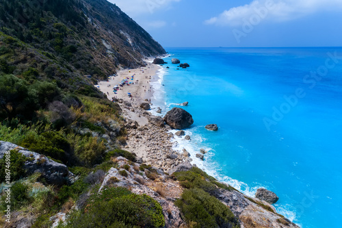 Aerial view of famous beach of Megali Petra on the island of Lefkada, Greece