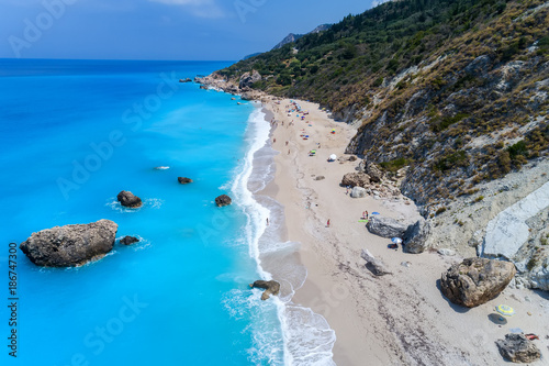 Aerial view of famous beach of Megali Petra on the island of Lefkada, Greece photo