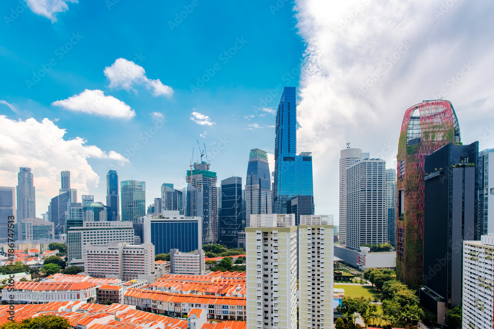 Fototapeta premium Singapore city skyline landscape at blue sky. Business Downtown and Chinatown districts. Urban skyscrapers cityscape