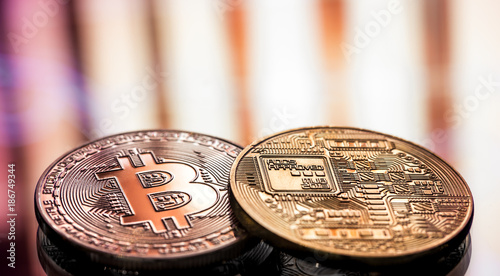 Coin litecoin and Bitcoin closeup on a beautiful background, concept of a digital cryptocurrency and payment system photo