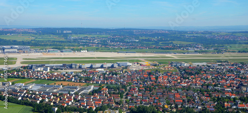 Aerial view of Stuttgart area with Stuttgart Airport (STR) on a sunny day