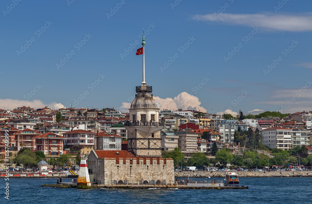 Maiden's Tower on the Bosphorus Strait that separates the Black Sea and the Sea of Marmara. Outdoor Istanbul city. Turkey landmark Kiz Kulesi.