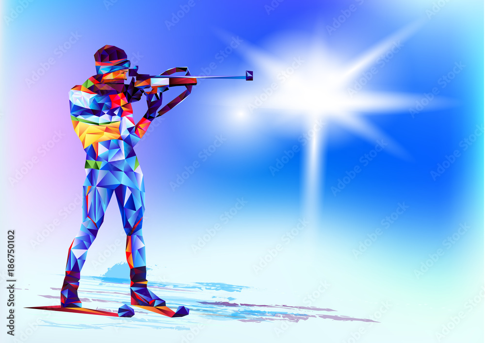 Ταπετσαρία The polygonal colourful figure of a rifleman with a rifle, biathlon with on a white and blue background