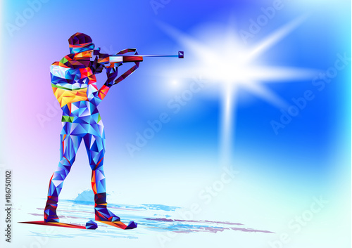 The polygonal colourful figure of a rifleman with a rifle, biathlon with on a white and blue background. Vector illustration blue background in a geometric triangle of XXIII style Winter games