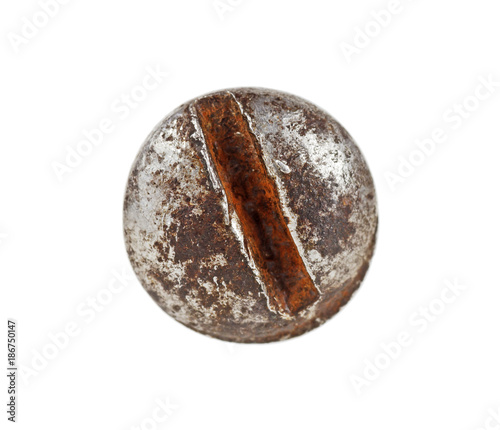 Old rusty screw head isolated on white background, top view
